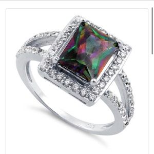 Sterling Silver Rainbow Topaz Halo CZ Ring